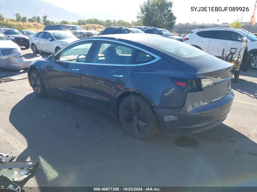 2018 Tesla Model 3 Long Range/Performance VIN: 5YJ3E1EB0JF089926 Lot: 40677295