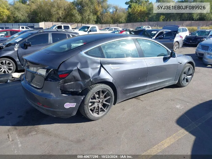 2018 Tesla Model 3 Long Range/Performance VIN: 5YJ3E1EB0JF089926 Lot: 40677295