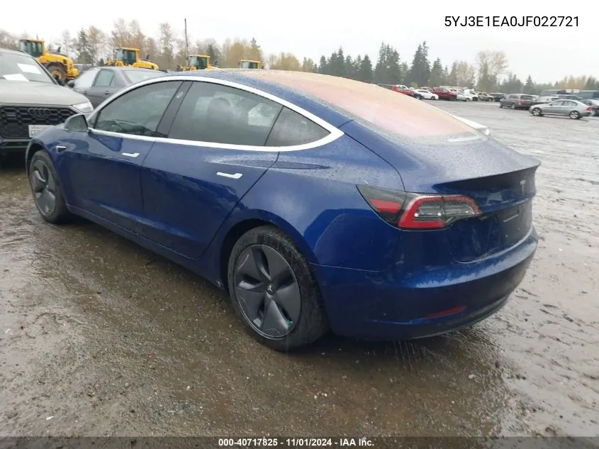 2018 Tesla Model 3 Long Range/Mid Range VIN: 5YJ3E1EA0JF022721 Lot: 40717825