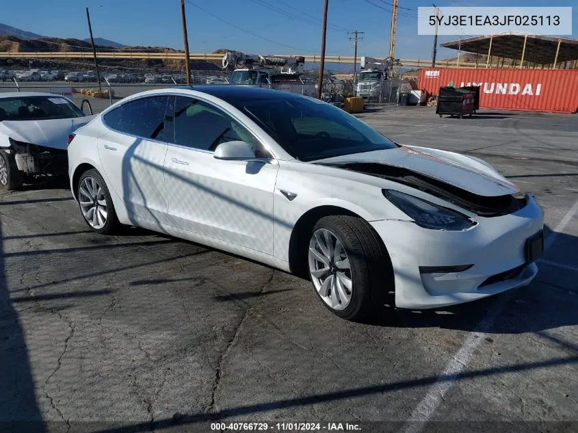 2018 Tesla Model 3 Long Range/Mid Range VIN: 5YJ3E1EA3JF025113 Lot: 40766729