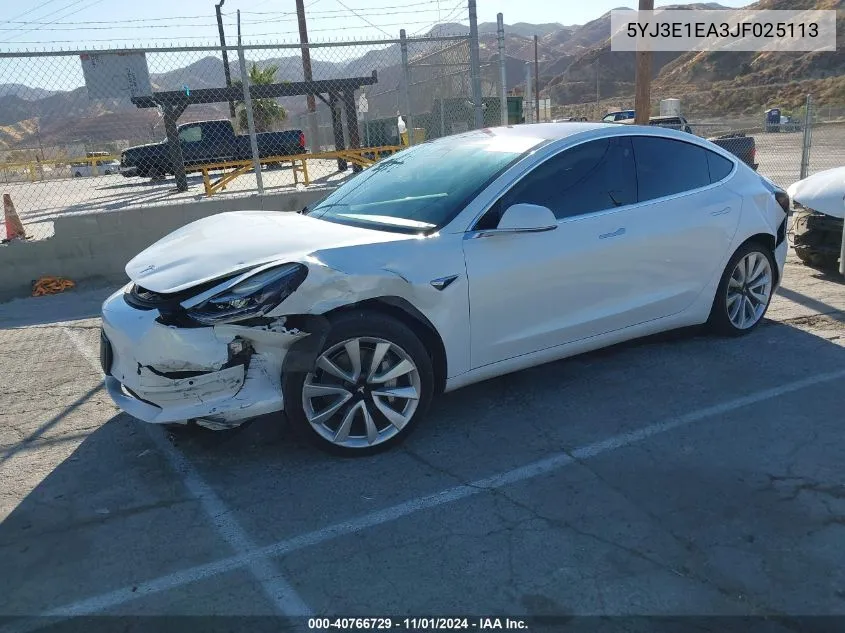 2018 Tesla Model 3 Long Range/Mid Range VIN: 5YJ3E1EA3JF025113 Lot: 40766729