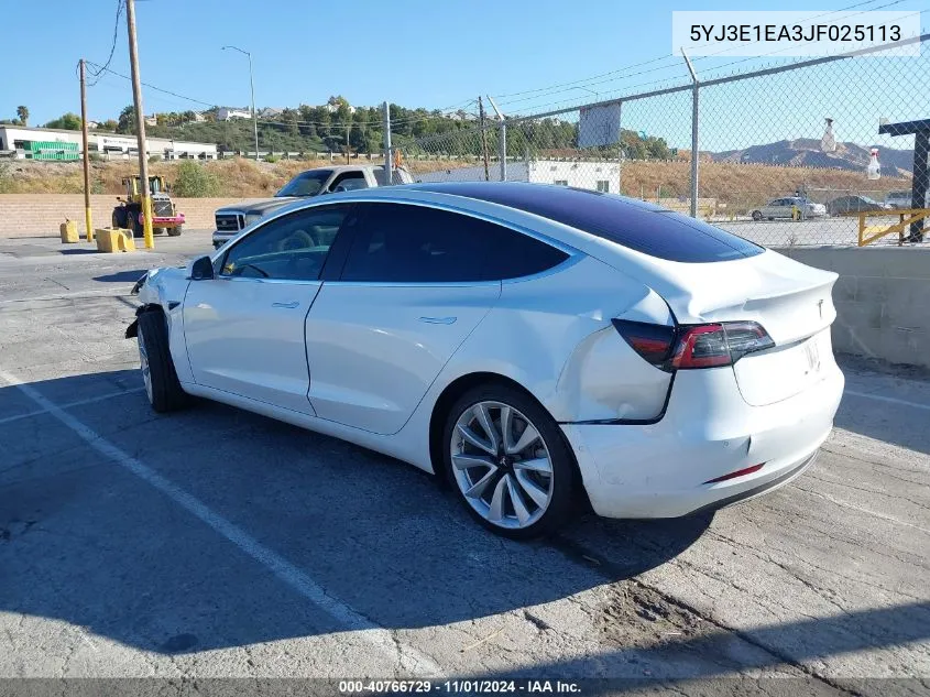 2018 Tesla Model 3 Long Range/Mid Range VIN: 5YJ3E1EA3JF025113 Lot: 40766729