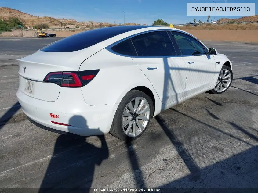 2018 Tesla Model 3 Long Range/Mid Range VIN: 5YJ3E1EA3JF025113 Lot: 40766729