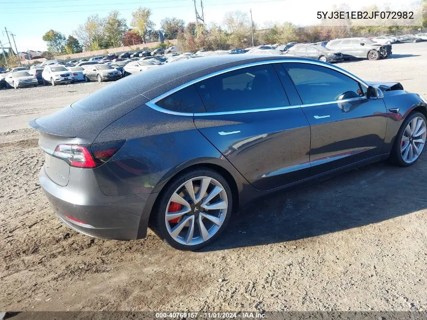 2018 Tesla Model 3 Long Range/Performance VIN: 5YJ3E1EB2JF072982 Lot: 40769157