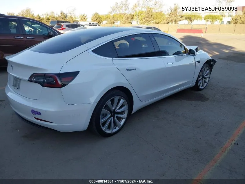 2018 Tesla Model 3 Long Range/Mid Range VIN: 5YJ3E1EA5JF059098 Lot: 40814361