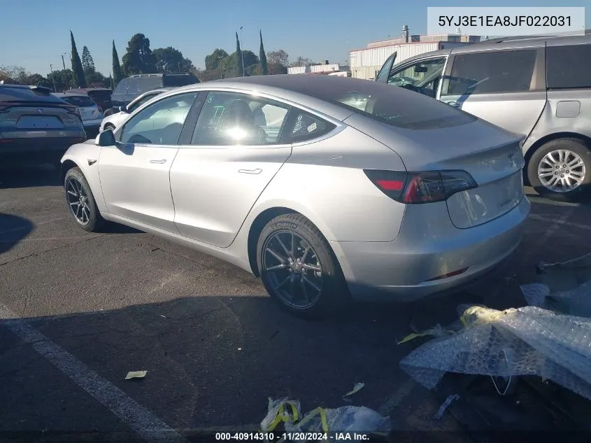 2018 Tesla Model 3 Long Range/Mid Range VIN: 5YJ3E1EA8JF022031 Lot: 40914310