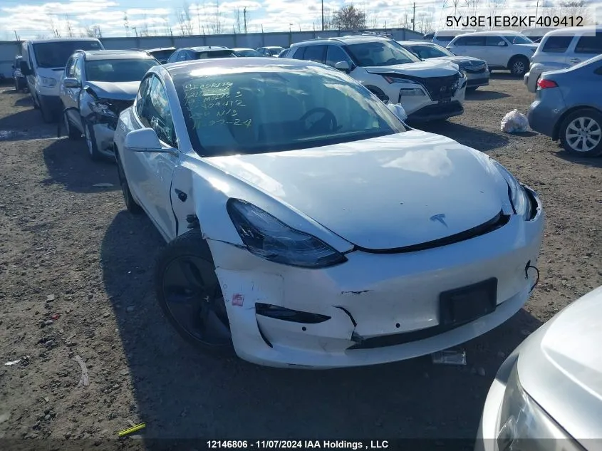 2019 Tesla Model 3 VIN: 5YJ3E1EB2KF409412 Lot: 12146806