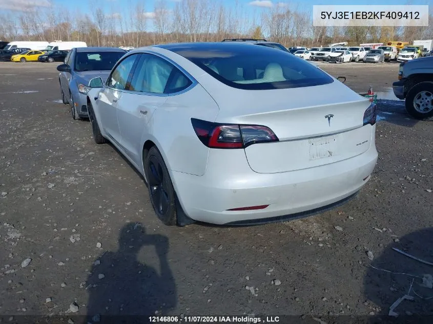 2019 Tesla Model 3 VIN: 5YJ3E1EB2KF409412 Lot: 12146806