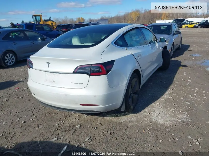 2019 Tesla Model 3 VIN: 5YJ3E1EB2KF409412 Lot: 12146806