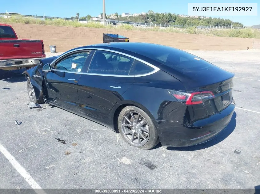 2019 Tesla Model 3 Long Range/Mid Range/Standard Range/Standard Range Plus VIN: 5YJ3E1EA1KF192927 Lot: 39303891