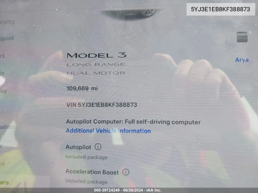 5YJ3E1EB8KF388873 2019 Tesla Model 3 Long Range/Performance