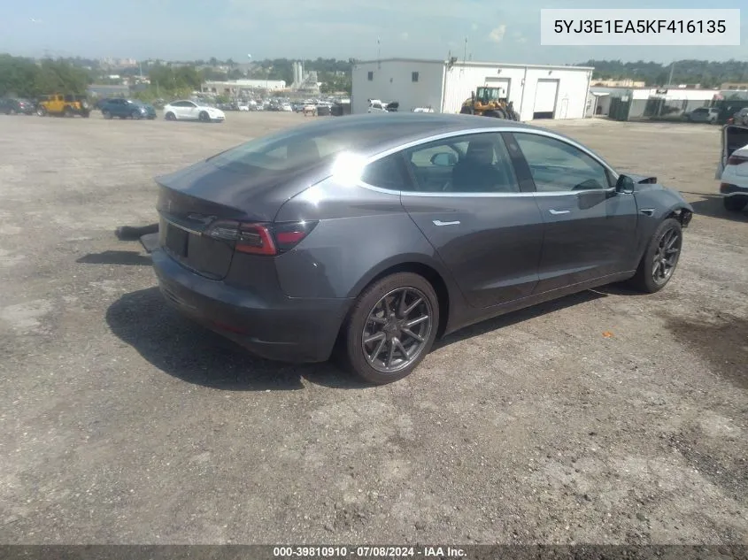 2019 Tesla Model 3 Long Range/Mid Range/Standard Range/Standard Range Plus VIN: 5YJ3E1EA5KF416135 Lot: 39810910