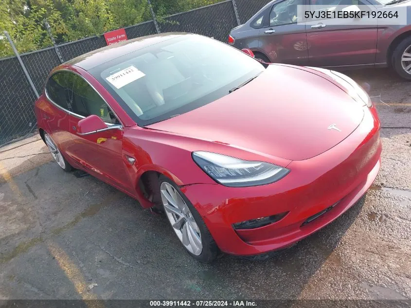 2019 Tesla Model 3 Long Range/Performance VIN: 5YJ3E1EB5KF192664 Lot: 39911442