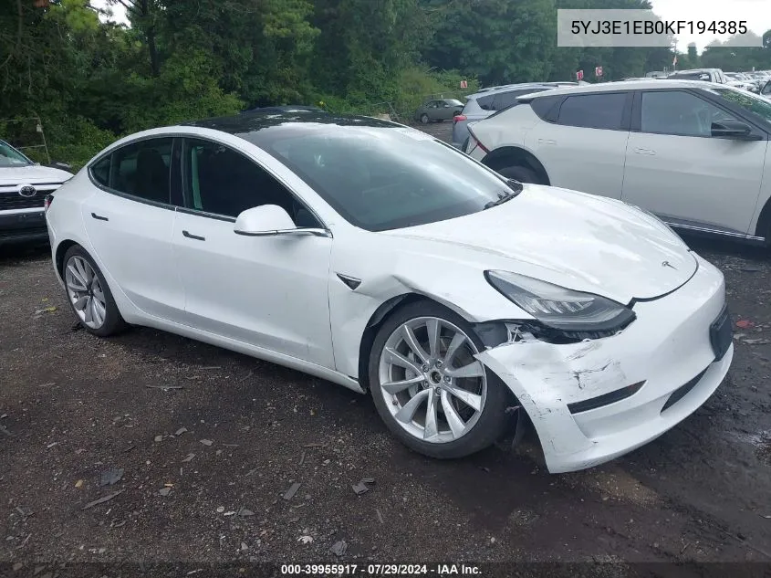 2019 Tesla Model 3 Long Range/Performance VIN: 5YJ3E1EB0KF194385 Lot: 39955917