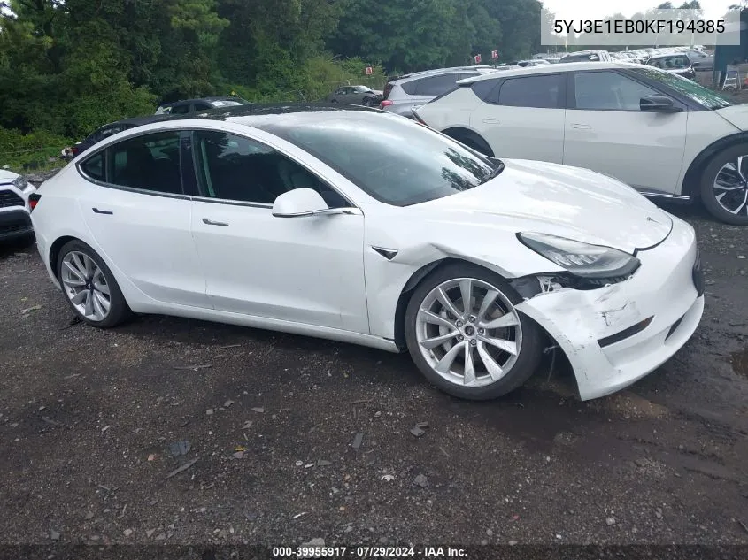 5YJ3E1EB0KF194385 2019 Tesla Model 3 Long Range/Performance