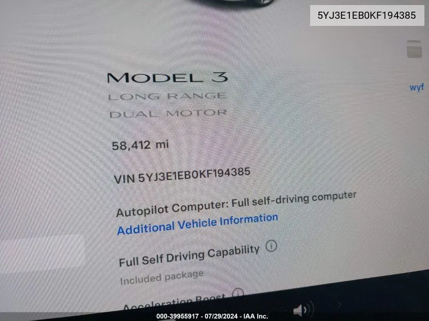 5YJ3E1EB0KF194385 2019 Tesla Model 3 Long Range/Performance