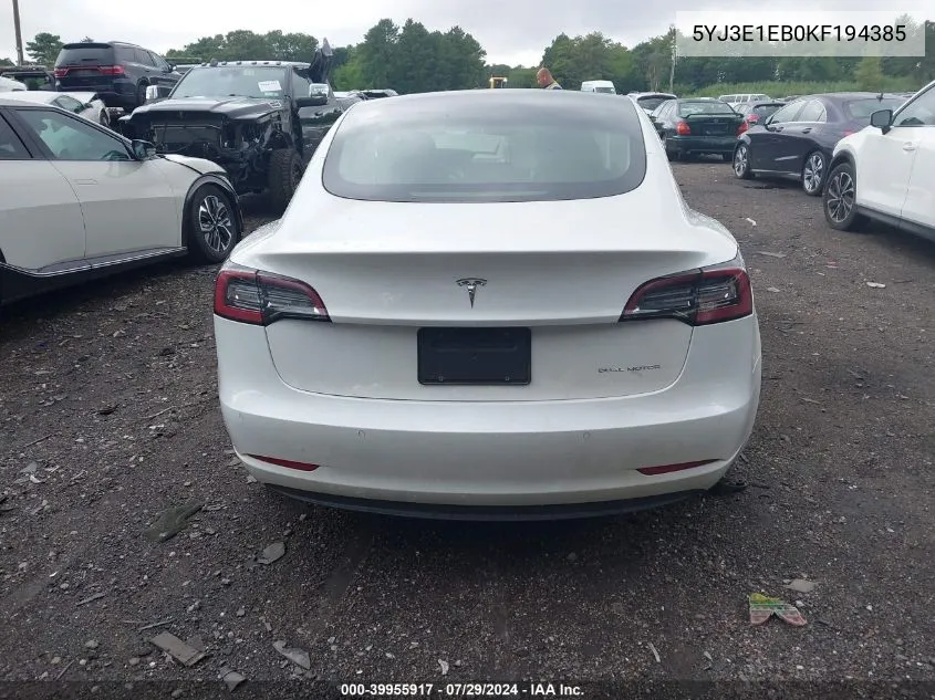 2019 Tesla Model 3 Long Range/Performance VIN: 5YJ3E1EB0KF194385 Lot: 39955917