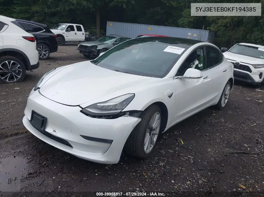 2019 Tesla Model 3 Long Range/Performance VIN: 5YJ3E1EB0KF194385 Lot: 39955917