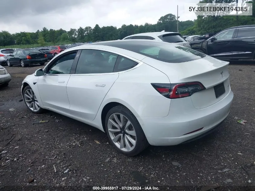 5YJ3E1EB0KF194385 2019 Tesla Model 3 Long Range/Performance