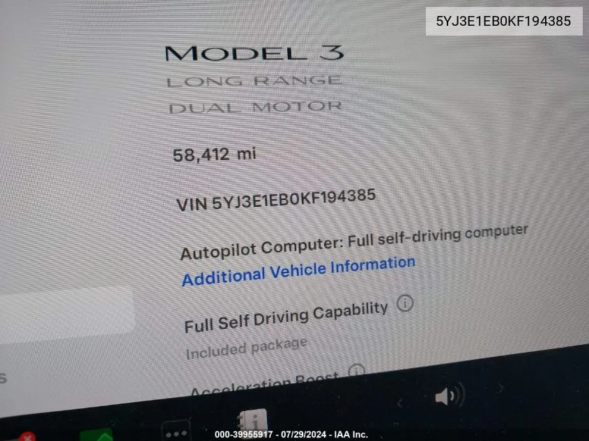 5YJ3E1EB0KF194385 2019 Tesla Model 3 Long Range/Performance