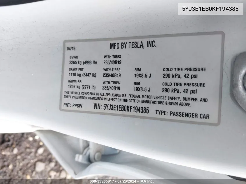 5YJ3E1EB0KF194385 2019 Tesla Model 3 Long Range/Performance