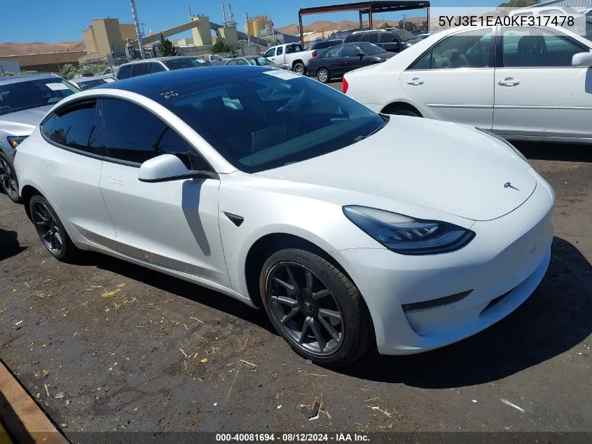 2019 Tesla Model 3 Long Range/Mid Range/Standard Range/Standard Range Plus VIN: 5YJ3E1EA0KF317478 Lot: 40081694