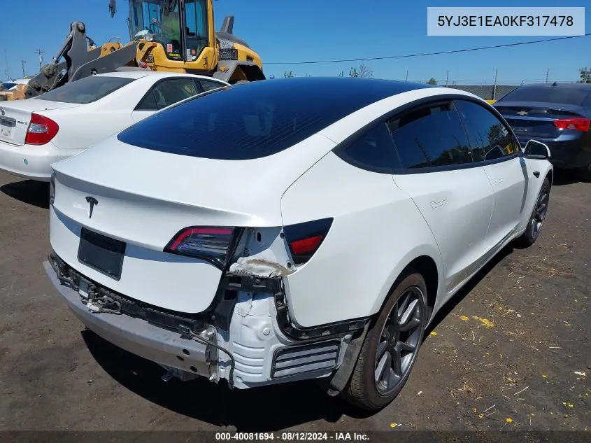 2019 Tesla Model 3 Long Range/Mid Range/Standard Range/Standard Range Plus VIN: 5YJ3E1EA0KF317478 Lot: 40081694