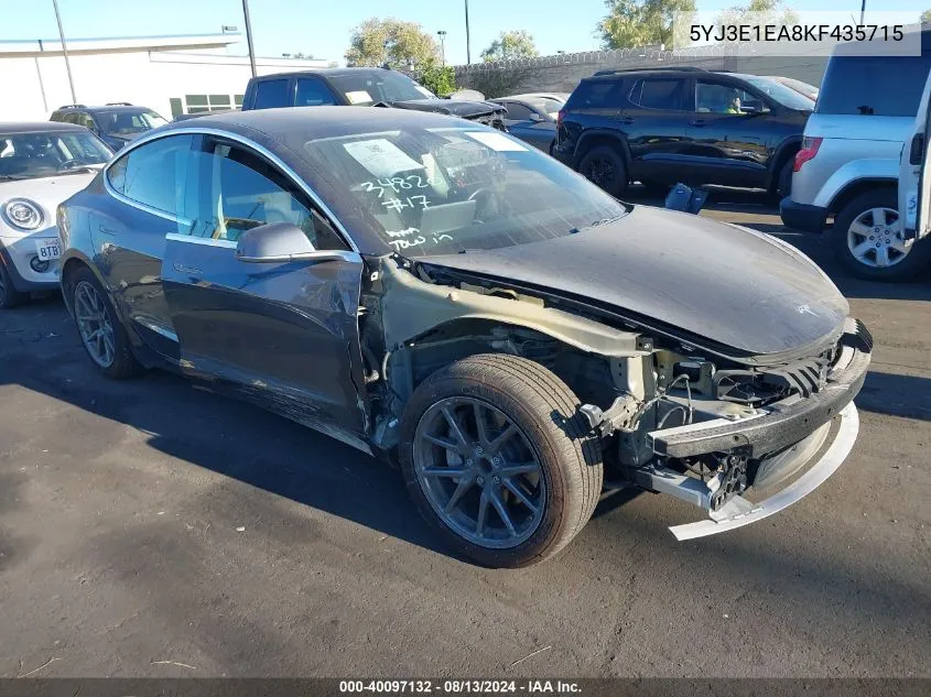 2019 Tesla Model 3 Long Range/Mid Range/Standard Range/Standard Range Plus VIN: 5YJ3E1EA8KF435715 Lot: 40097132