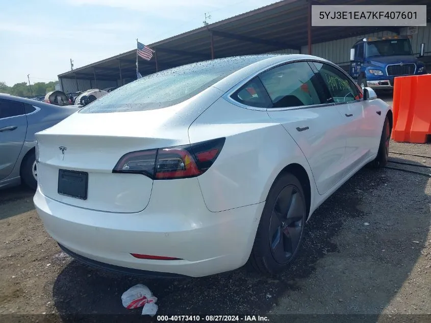 2019 Tesla Model 3 Long Range/Mid Range/Standard Range/Standard Range Plus VIN: 5YJ3E1EA7KF407601 Lot: 40173410