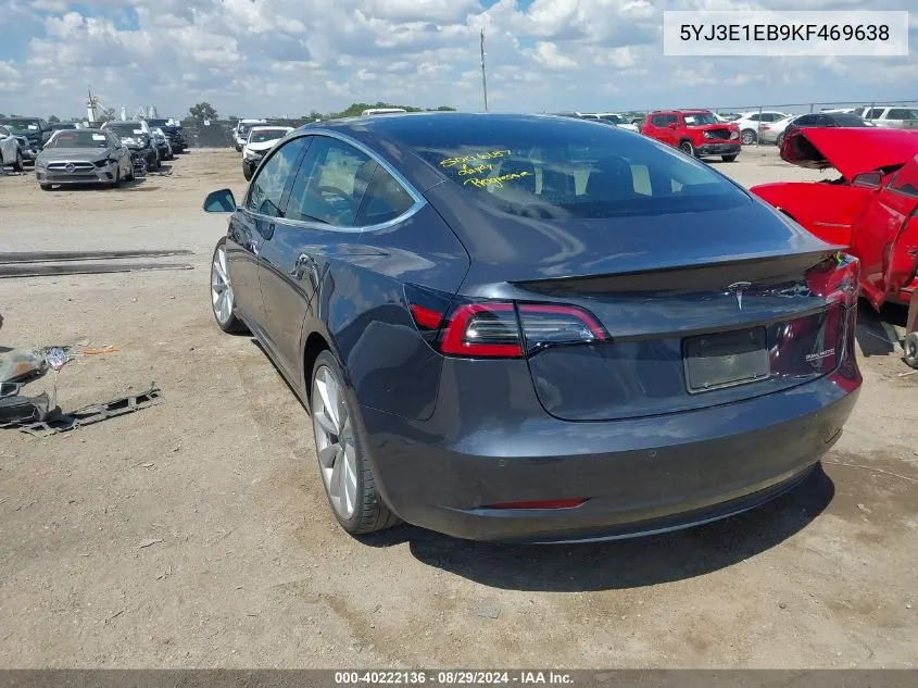 2019 Tesla Model 3 Long Range/Performance VIN: 5YJ3E1EB9KF469638 Lot: 40222136