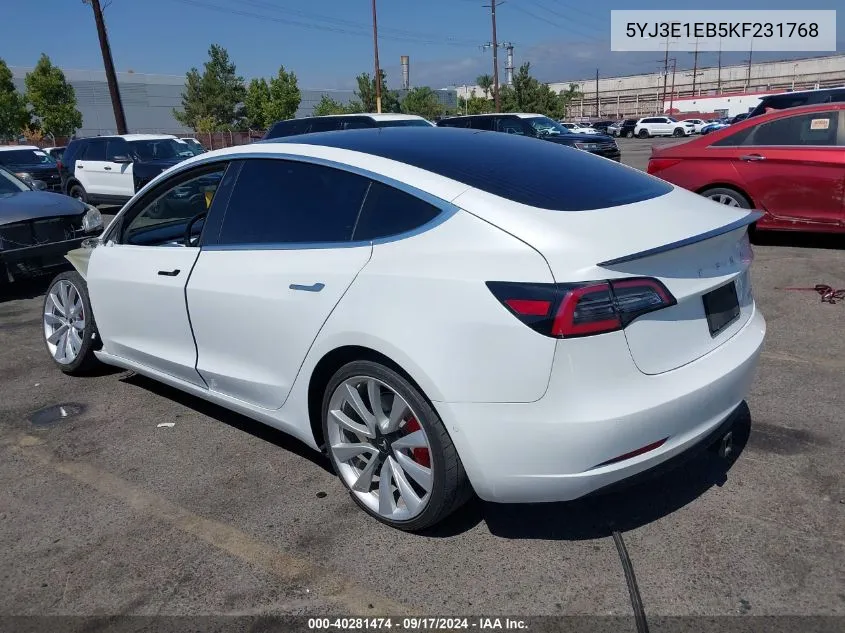 2019 Tesla Model 3 Long Range/Performance VIN: 5YJ3E1EB5KF231768 Lot: 40281474