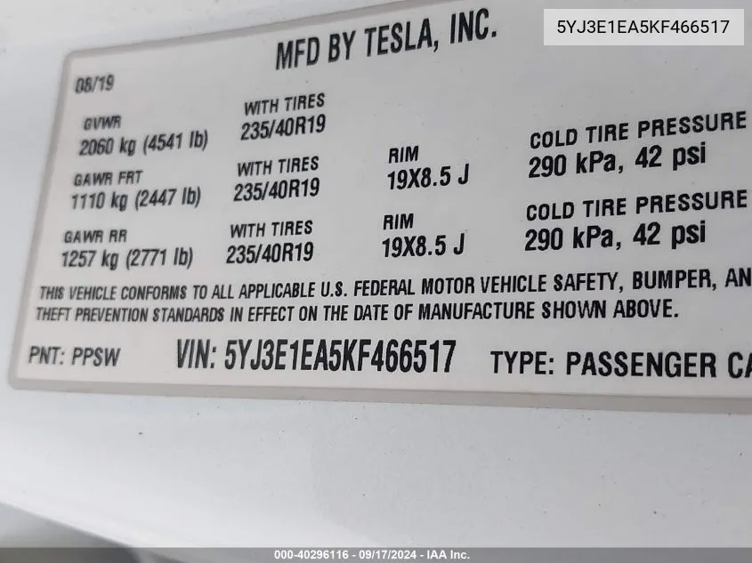 2019 Tesla Model 3 Long Range/Mid Range/Standard Range/Standard Range Plus VIN: 5YJ3E1EA5KF466517 Lot: 40296116