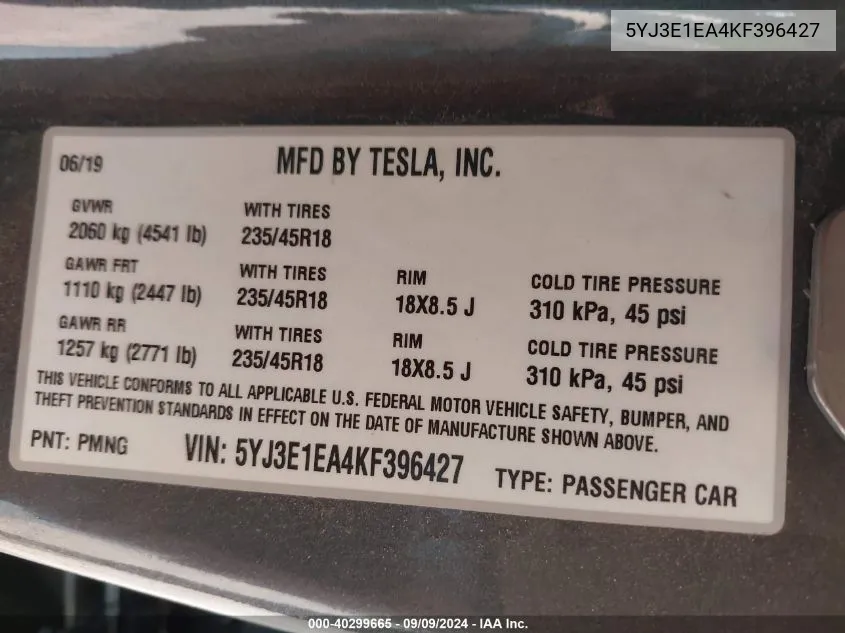 2019 Tesla Model 3 Long Range/Mid Range/Standard Range/Standard Range Plus VIN: 5YJ3E1EA4KF396427 Lot: 40299665