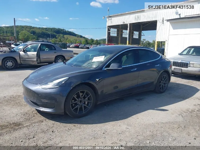 2019 Tesla Model 3 Long Range/Mid Range/Standard Range/Standard Range Plus VIN: 5YJ3E1EA3KF431538 Lot: 40312001