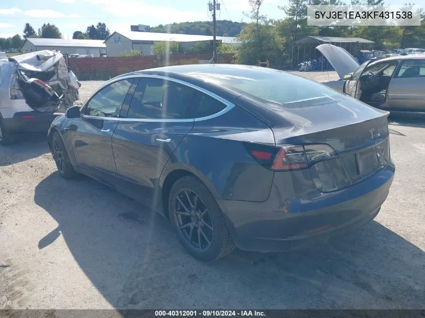 2019 Tesla Model 3 Long Range/Mid Range/Standard Range/Standard Range Plus VIN: 5YJ3E1EA3KF431538 Lot: 40312001