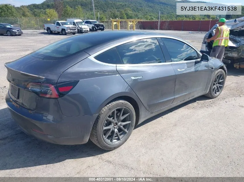 2019 Tesla Model 3 Long Range/Mid Range/Standard Range/Standard Range Plus VIN: 5YJ3E1EA3KF431538 Lot: 40312001