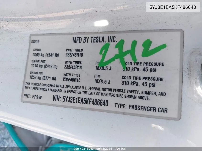 5YJ3E1EA5KF486640 2019 Tesla Model 3