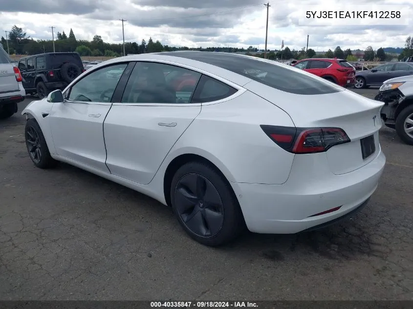 2019 Tesla Model 3 Long Range/Mid Range/Standard Range/Standard Range Plus VIN: 5YJ3E1EA1KF412258 Lot: 40335847