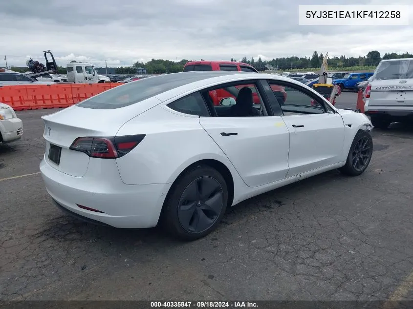 2019 Tesla Model 3 Long Range/Mid Range/Standard Range/Standard Range Plus VIN: 5YJ3E1EA1KF412258 Lot: 40335847