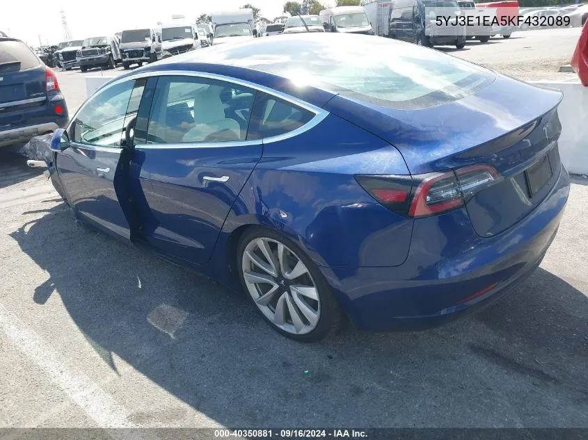 2019 Tesla Model 3 Long Range/Mid Range/Standard Range/Standard Range Plus VIN: 5YJ3E1EA5KF432089 Lot: 40350881