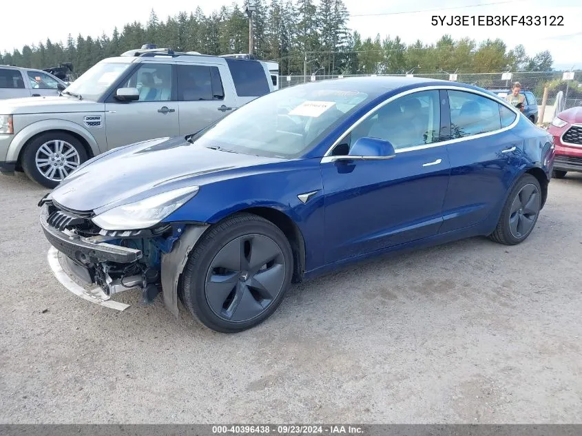 2019 Tesla Model 3 VIN: 5YJ3E1EB3KF433122 Lot: 40396438