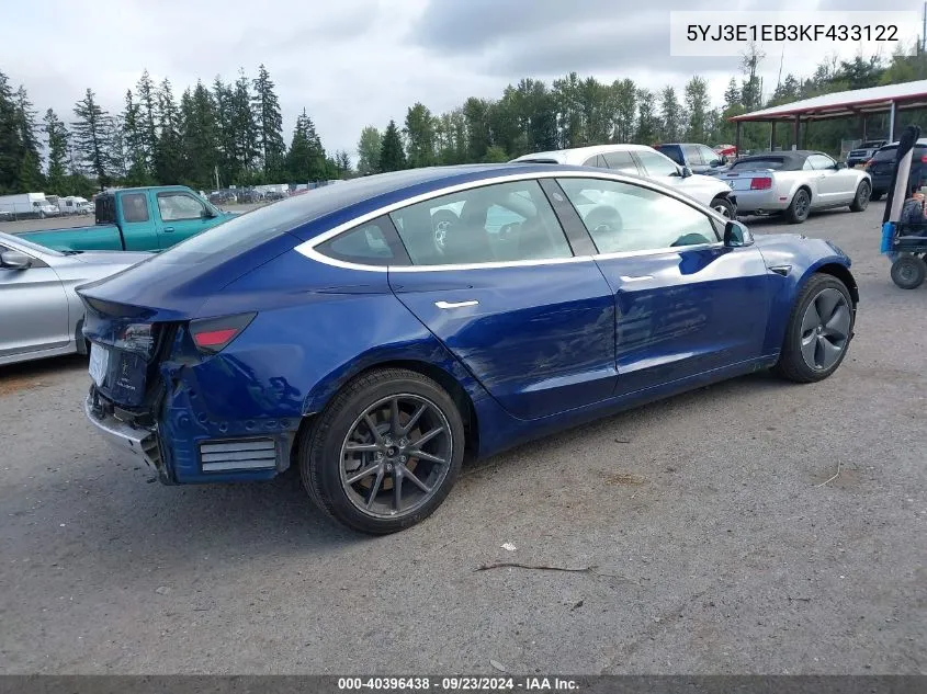 2019 Tesla Model 3 VIN: 5YJ3E1EB3KF433122 Lot: 40396438