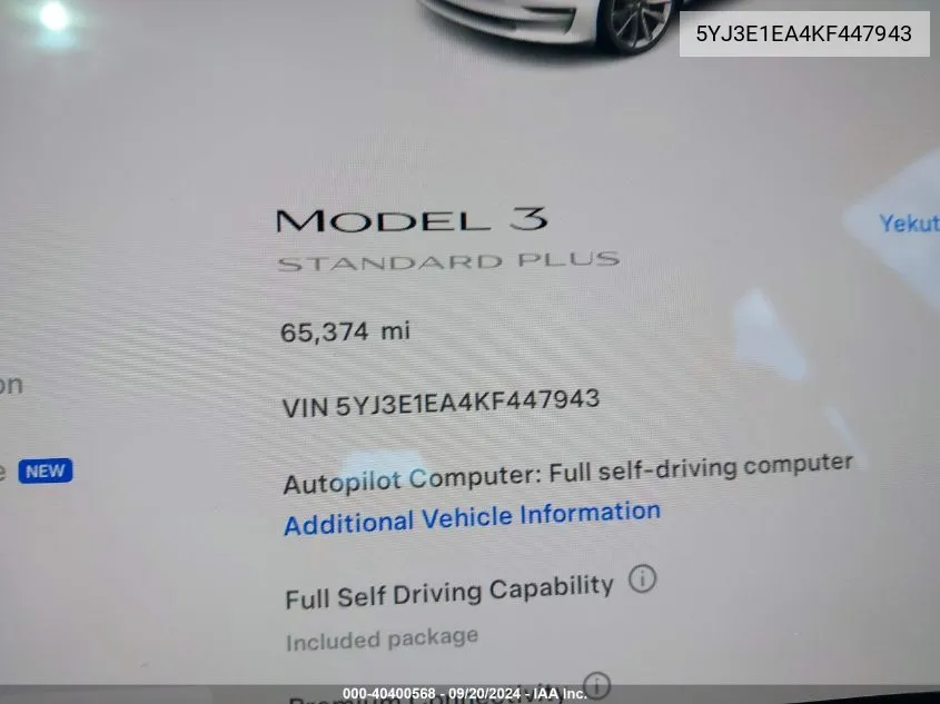 5YJ3E1EA4KF447943 2019 Tesla Model 3 Long Range/Mid Range/Standard Range/Standard Range Plus