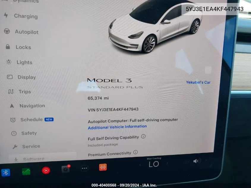 2019 Tesla Model 3 Long Range/Mid Range/Standard Range/Standard Range Plus VIN: 5YJ3E1EA4KF447943 Lot: 40400568