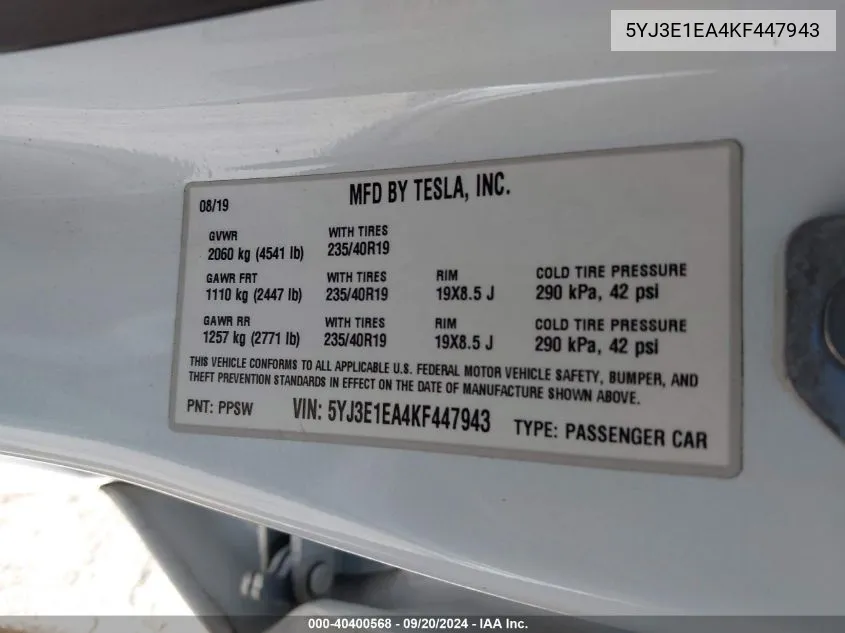 5YJ3E1EA4KF447943 2019 Tesla Model 3 Long Range/Mid Range/Standard Range/Standard Range Plus