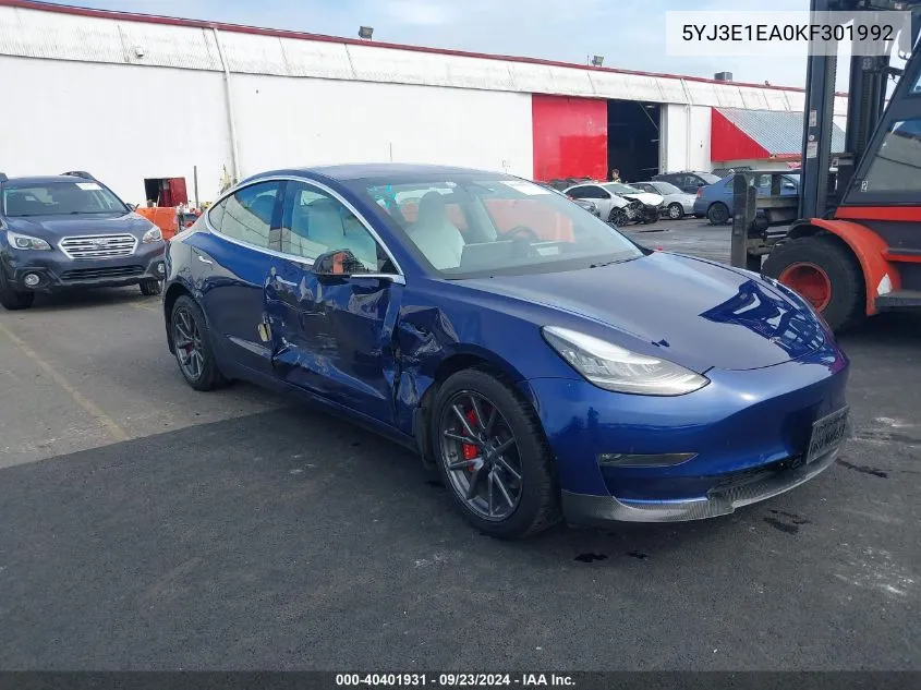 2019 Tesla Model 3 Long Range/Mid Range/Standard Range/Standard Range Plus VIN: 5YJ3E1EA0KF301992 Lot: 40401931