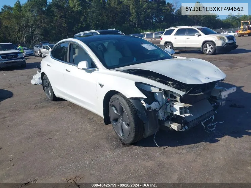 2019 Tesla Model 3 Long Range/Performance VIN: 5YJ3E1EBXKF494662 Lot: 40425759