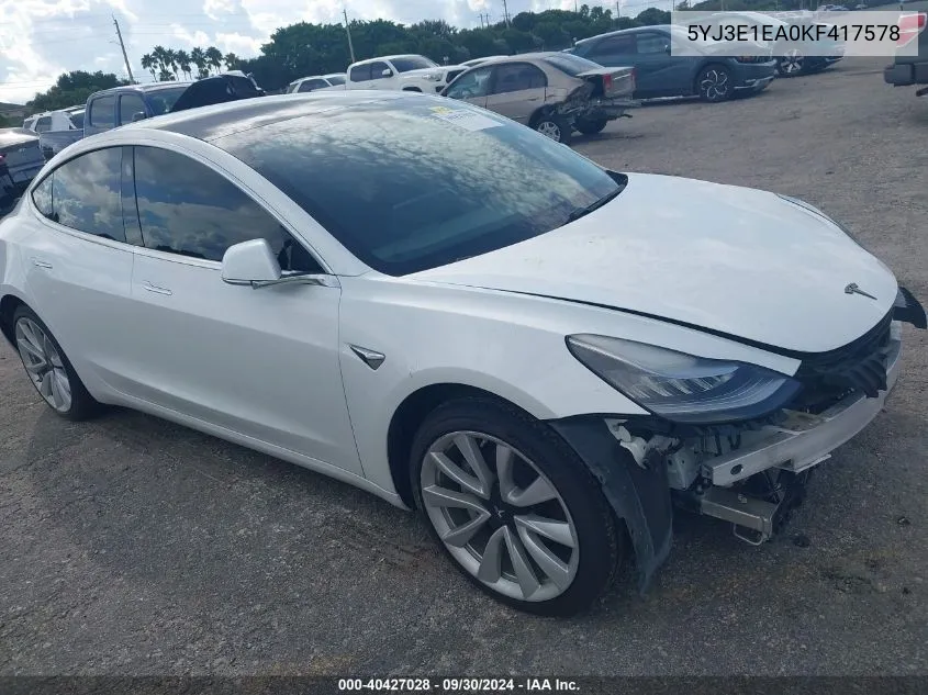 2019 Tesla Model 3 VIN: 5YJ3E1EA0KF417578 Lot: 40427028