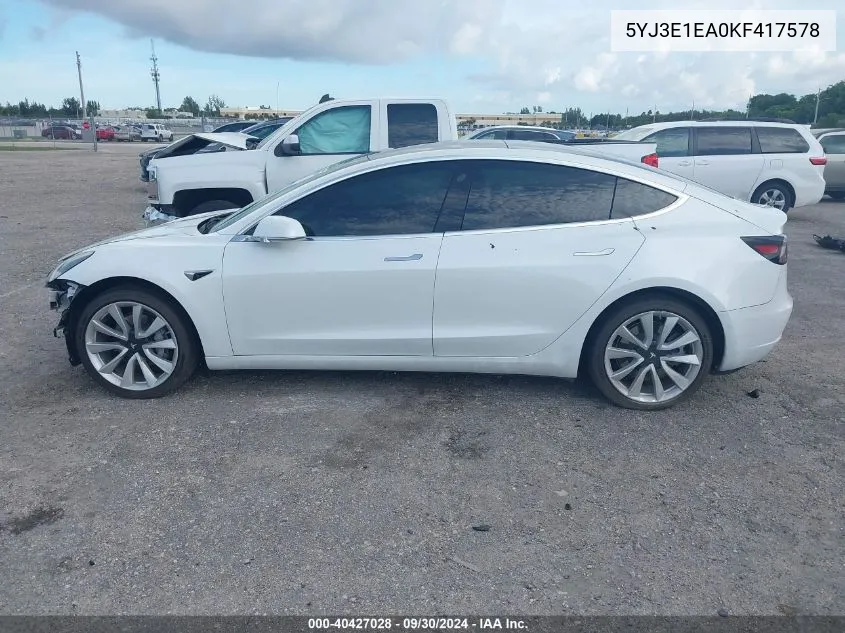 2019 Tesla Model 3 VIN: 5YJ3E1EA0KF417578 Lot: 40427028