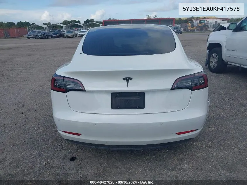 2019 Tesla Model 3 VIN: 5YJ3E1EA0KF417578 Lot: 40427028